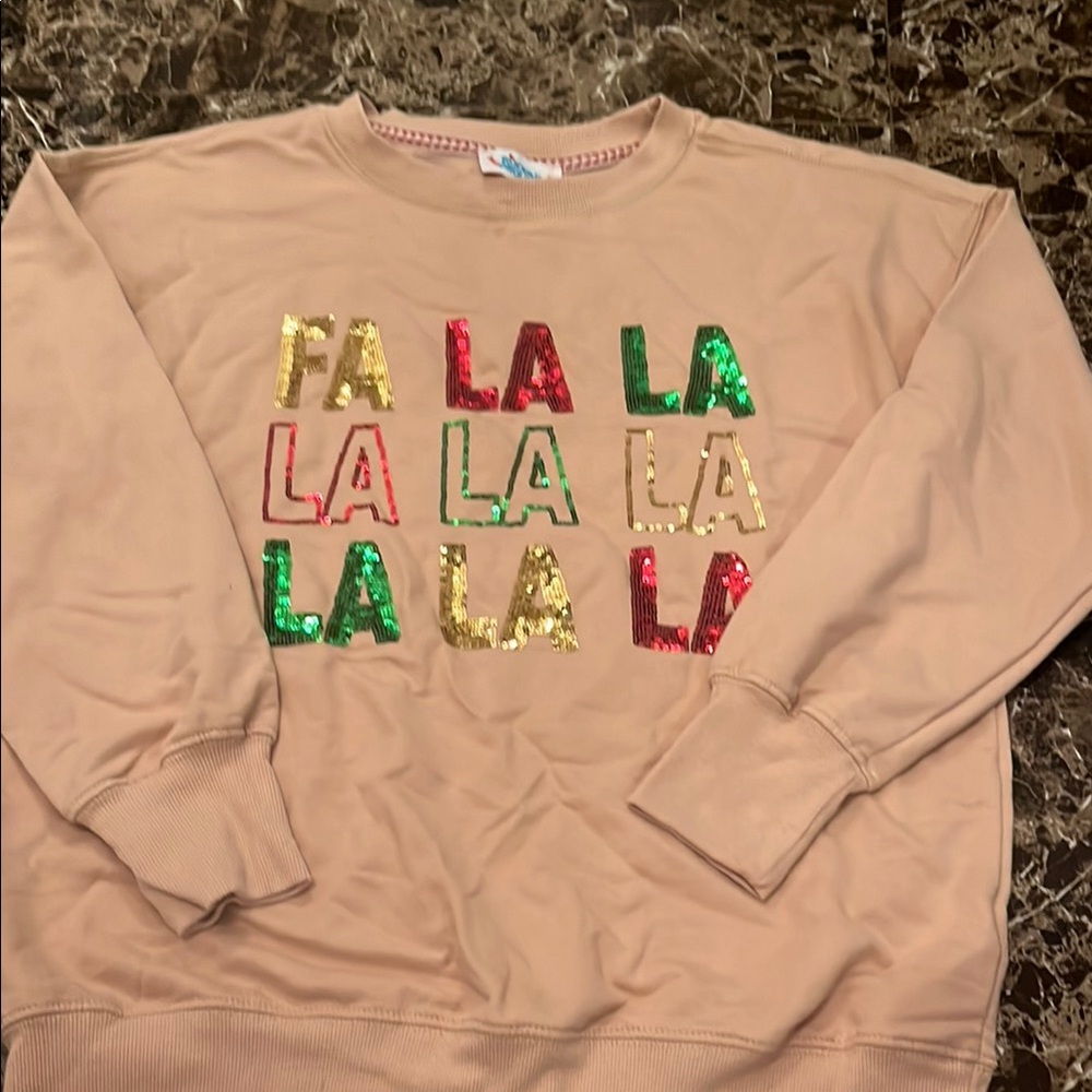 Tan and Red Crew Neck Sweater with Festive Design